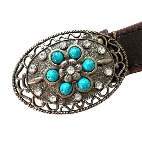 Olga Santini Leather Belt with Turquoise & Rhinestone Style Stones Small Brown - Picture 2 of 7